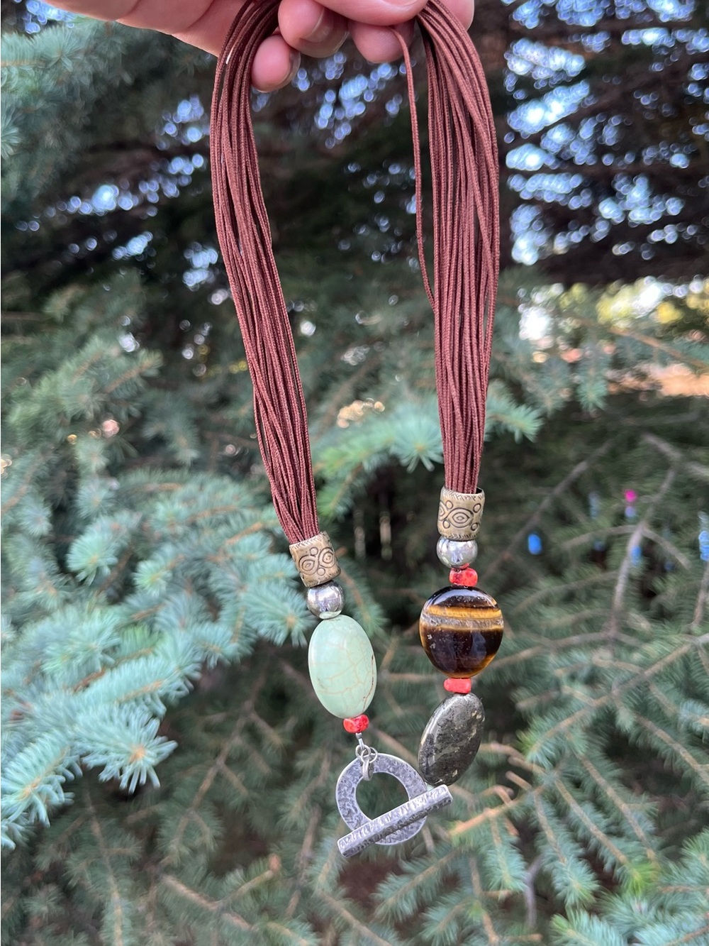 Vintage Silpada Brown Cord Necklace-Tigers Eye, Howlite, Pyrite Sterling Silver